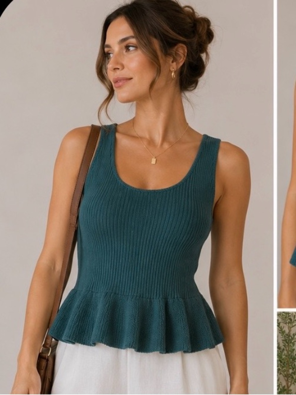 Giorgio Armani Ribbed Peplum Tank Top Wool Silk Cashmere Blend Green 44 Medium